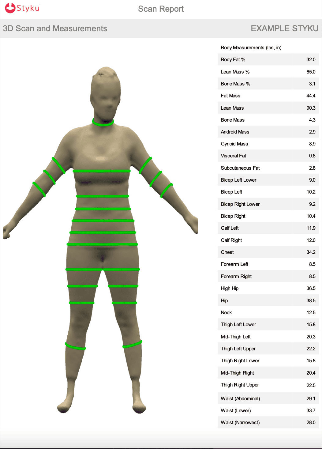 3D body scan showing detailed measurements for health and fitness tracking.