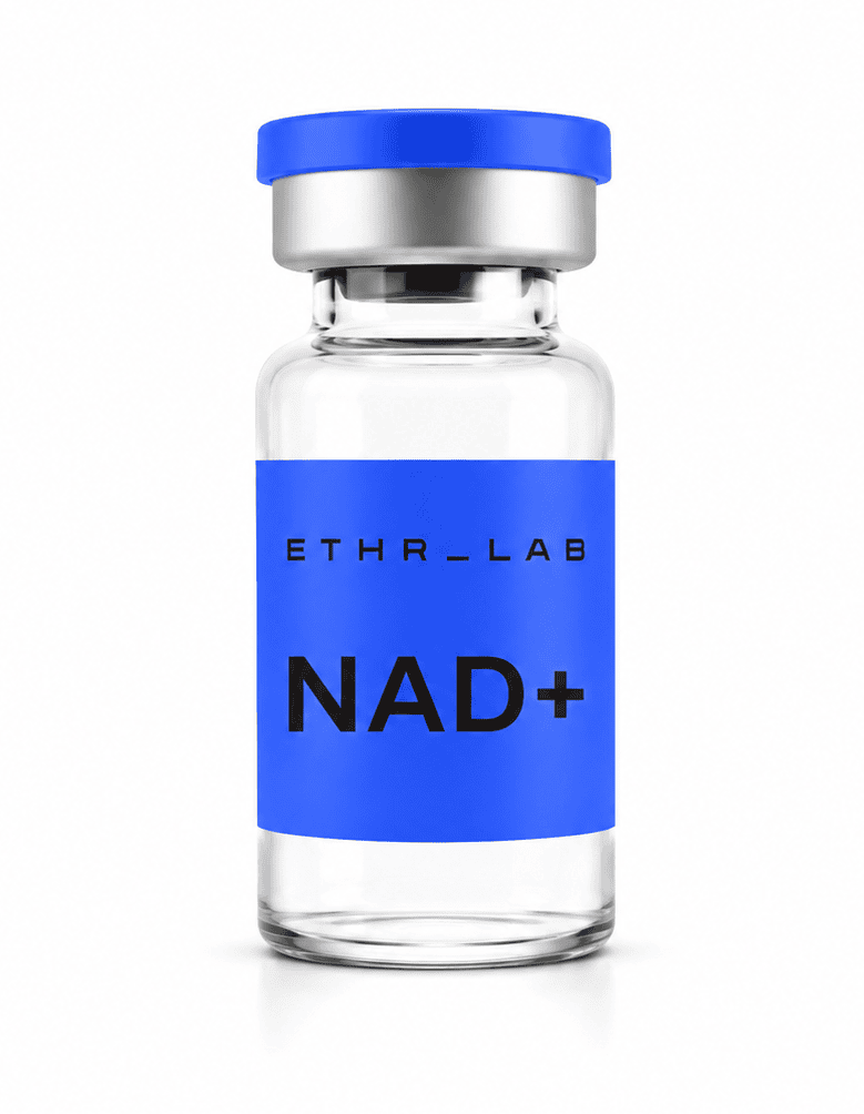 NAD+ therapy vial at ETHR LAB used to support cellular energy production, healthy aging, cognitive performance, recovery, and longevity.